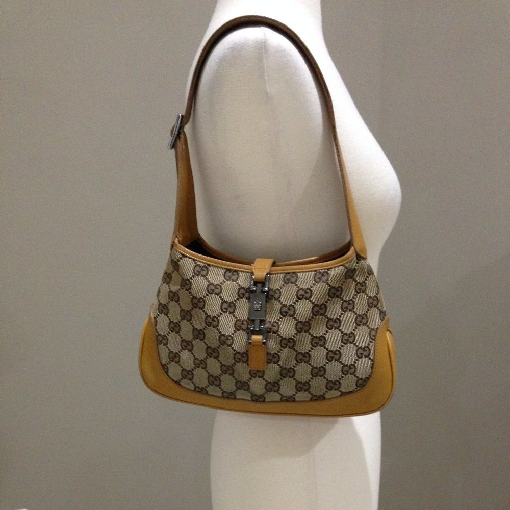Gucci Beige Monogram Canvas Shoulder Bag with Tan Leather Trim